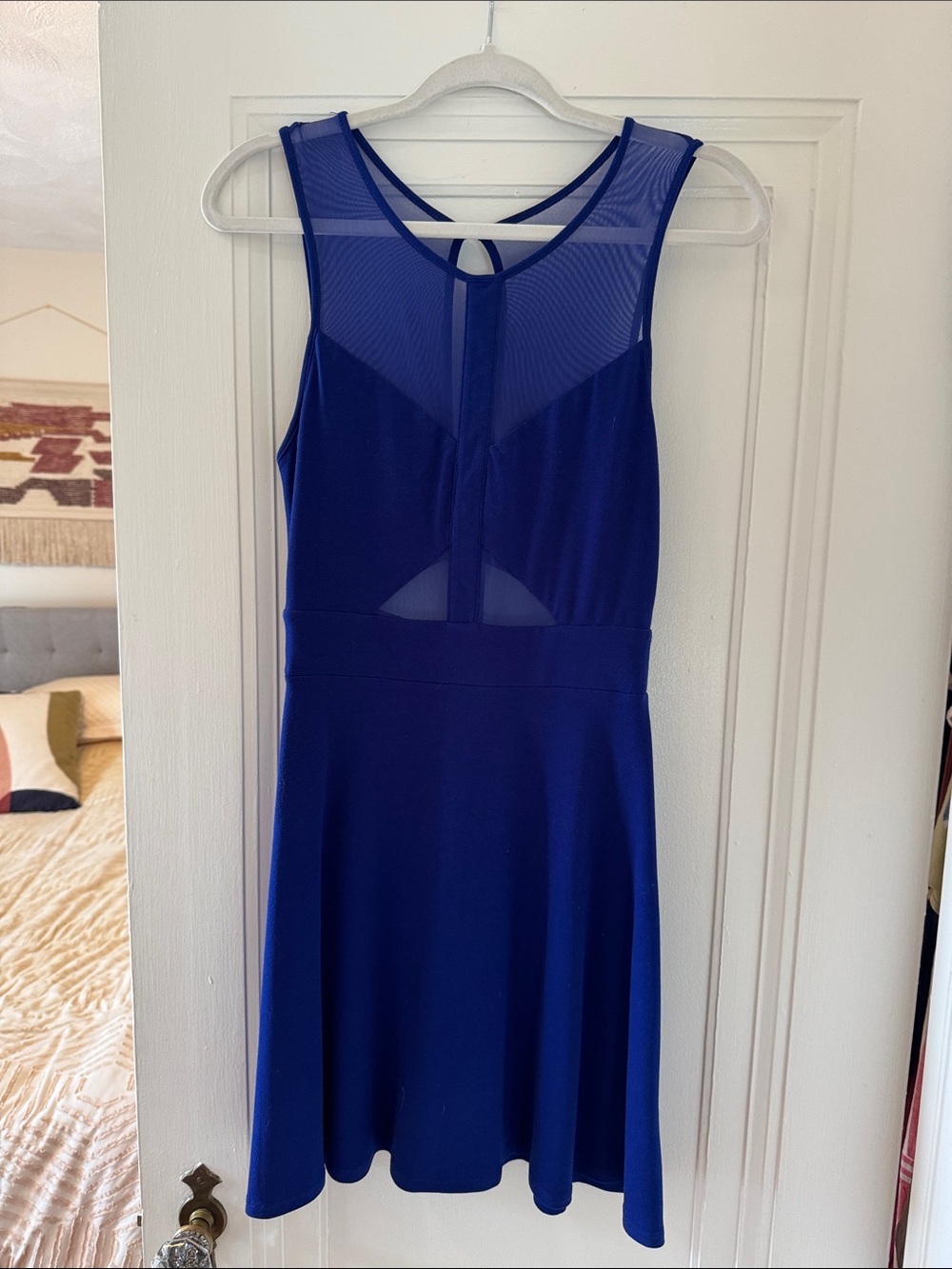 silence + noise cobalt blue mesh yoke skater dress